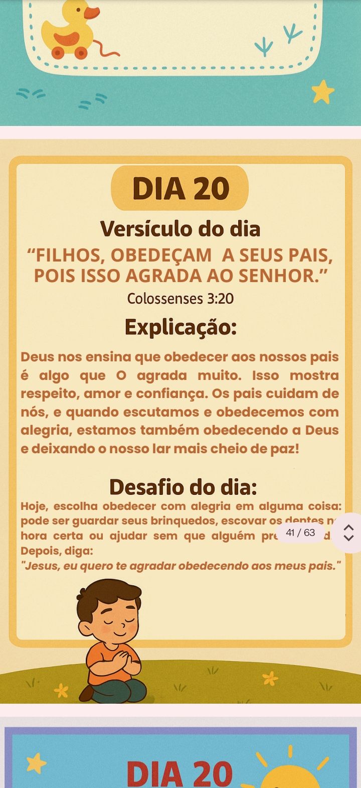 Página do Dia 20 com versículo, explicação e desafio do dia